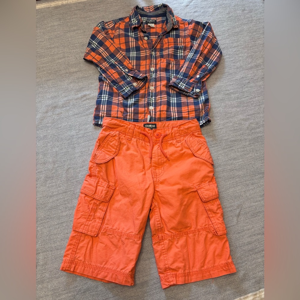 ⭕️Peachy orange Plaid Shirt and Cargo Pants Set